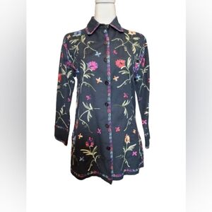 Vintage Cottagecore Embroidered Linen Shirt Folk Floral Button Up